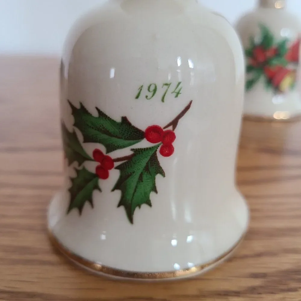 Vintage 1974 and 1975 Porcelain Ceramic Christmas Holiday Hand Dinner Bells